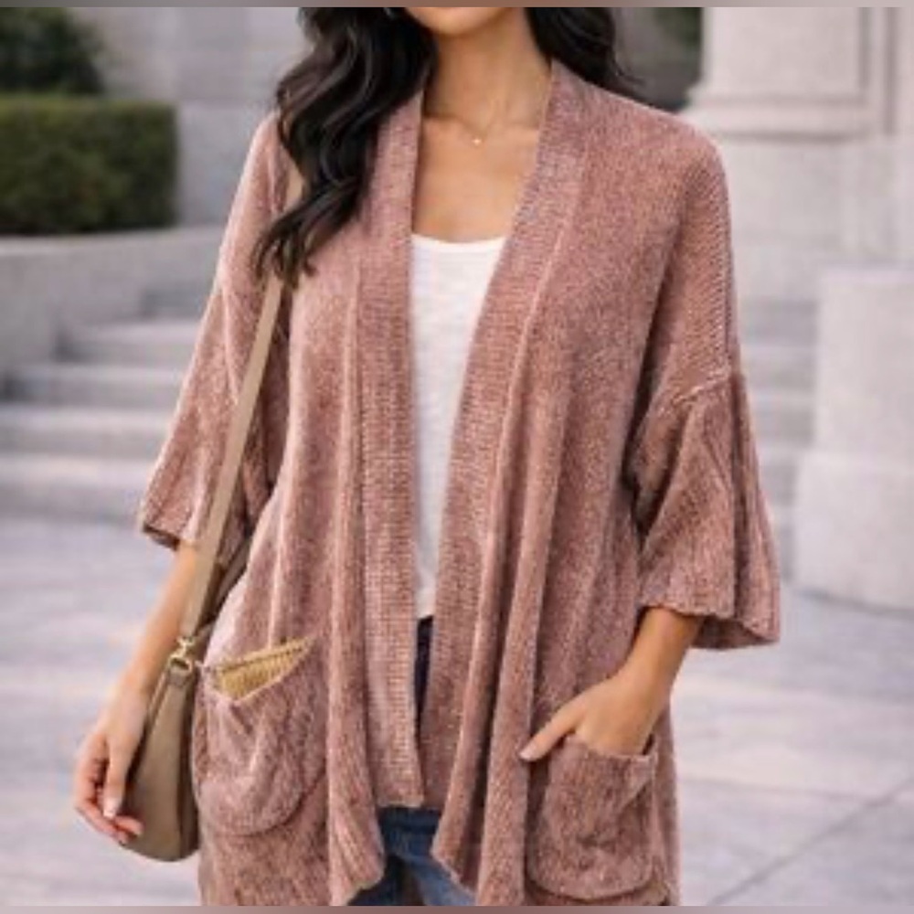 Anthropologie Moth Chenille Pink Lily Cardigan Oversized Soft Sweater Size XS